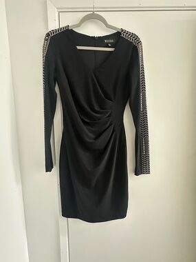 GUESS Studded Ruched Sheath Dress Black Size 4 Bead Studded Sleeve